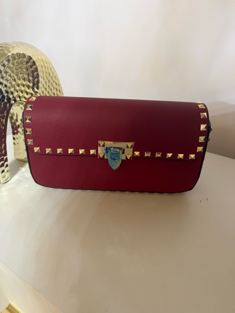 Red Rockstud Leather Clutch with Gold Hardware